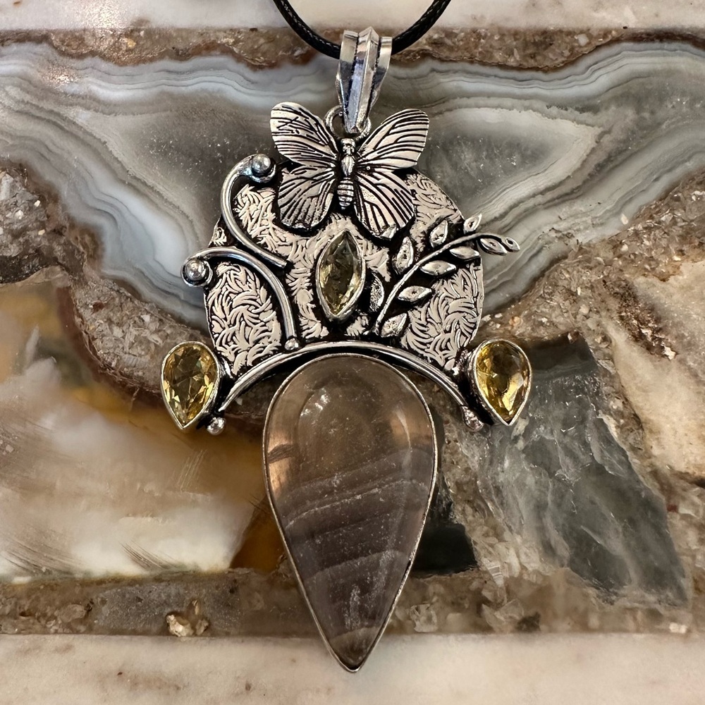 2177 Artisan Silver Butterfly Necklace with Yellow Accents